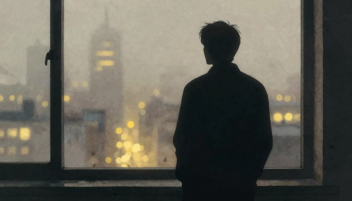 Watercolor style. Silhouette of a lonely figure looking thro...