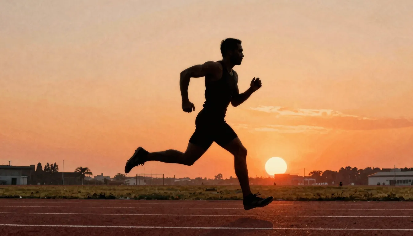 Watercolor style. A dark silhouette of a strong man running ...