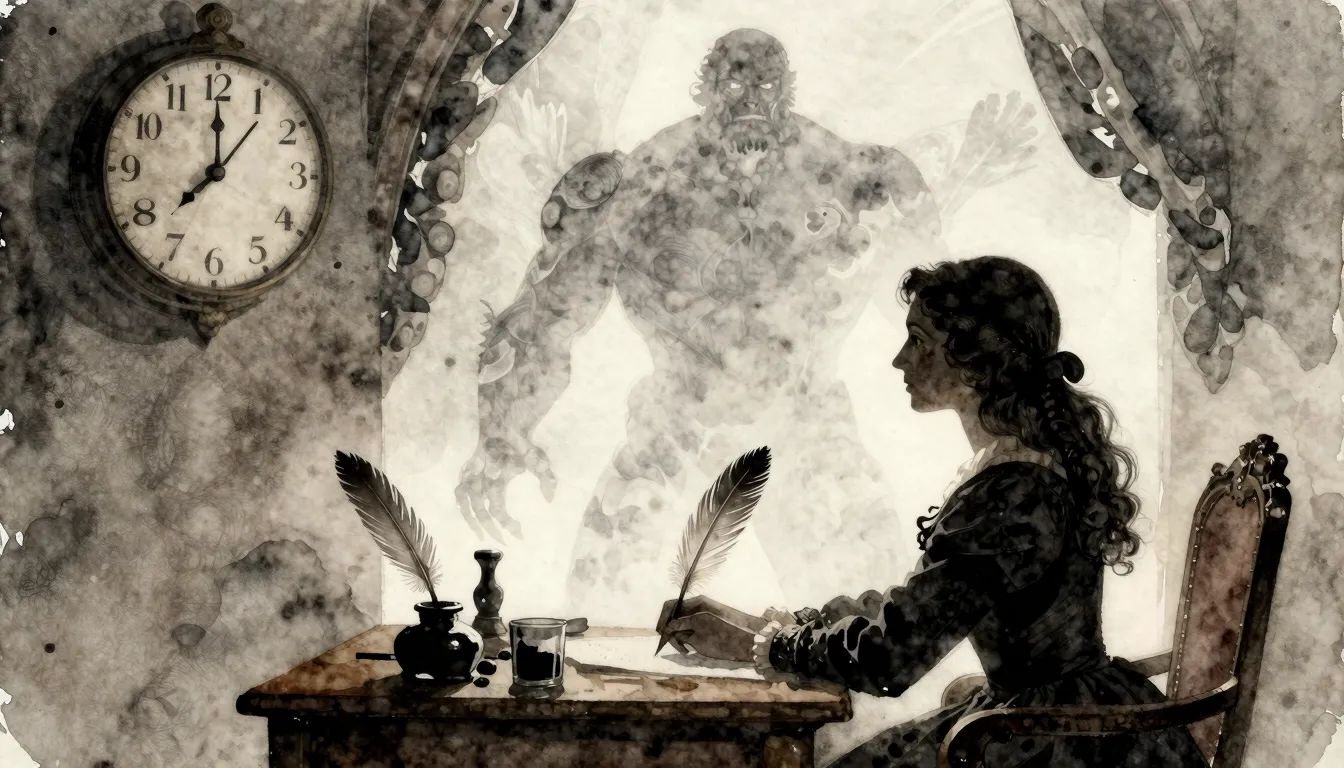 Watercolor style. A silhouette of a woman at a desk with a q...
