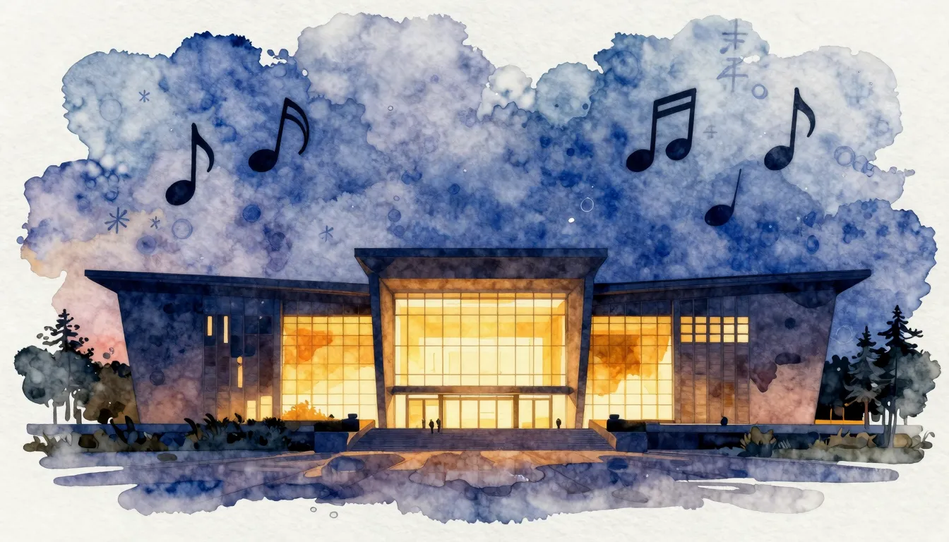 Watercolor style. Silhouette of a modern cultural center bui...
