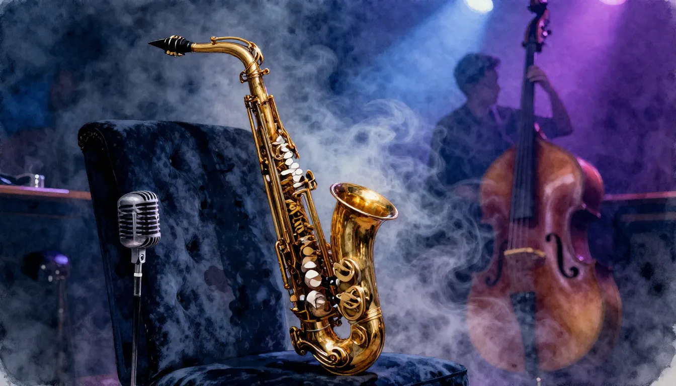 Watercolor style. A smoky dimly lit club atmosphere, a golde...