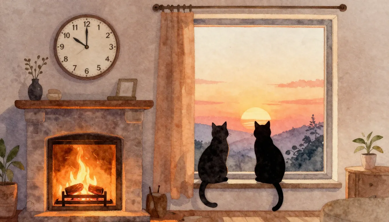 Watercolor style. A cozy room with a warm fireplace, silhoue...