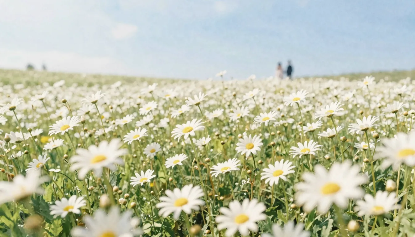 Watercolor style. A vast field of white daisies under a brig...