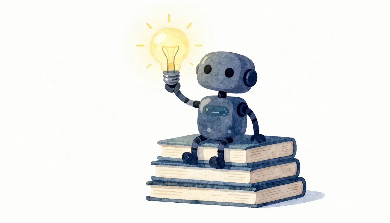 Watercolor style. A friendly small robot silhouette sitting ...