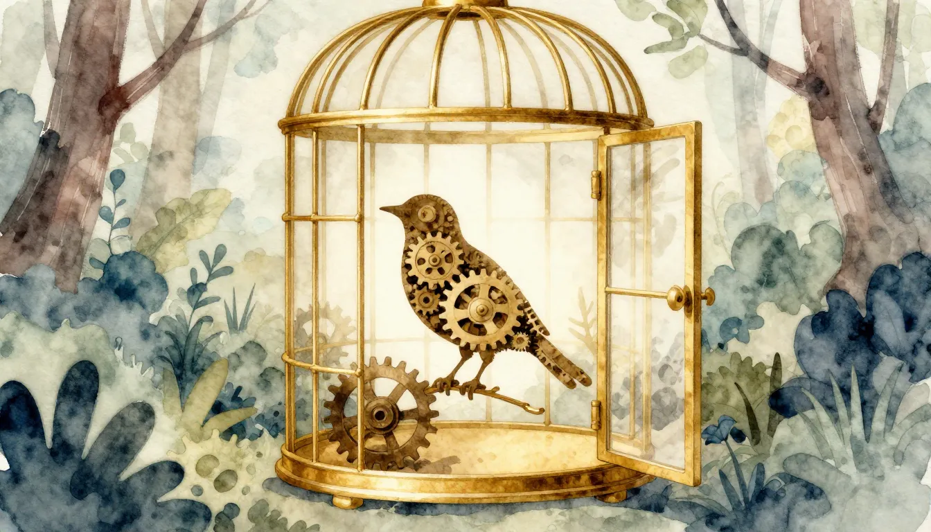 Watercolor style. A golden cage with an open door, inside a ...