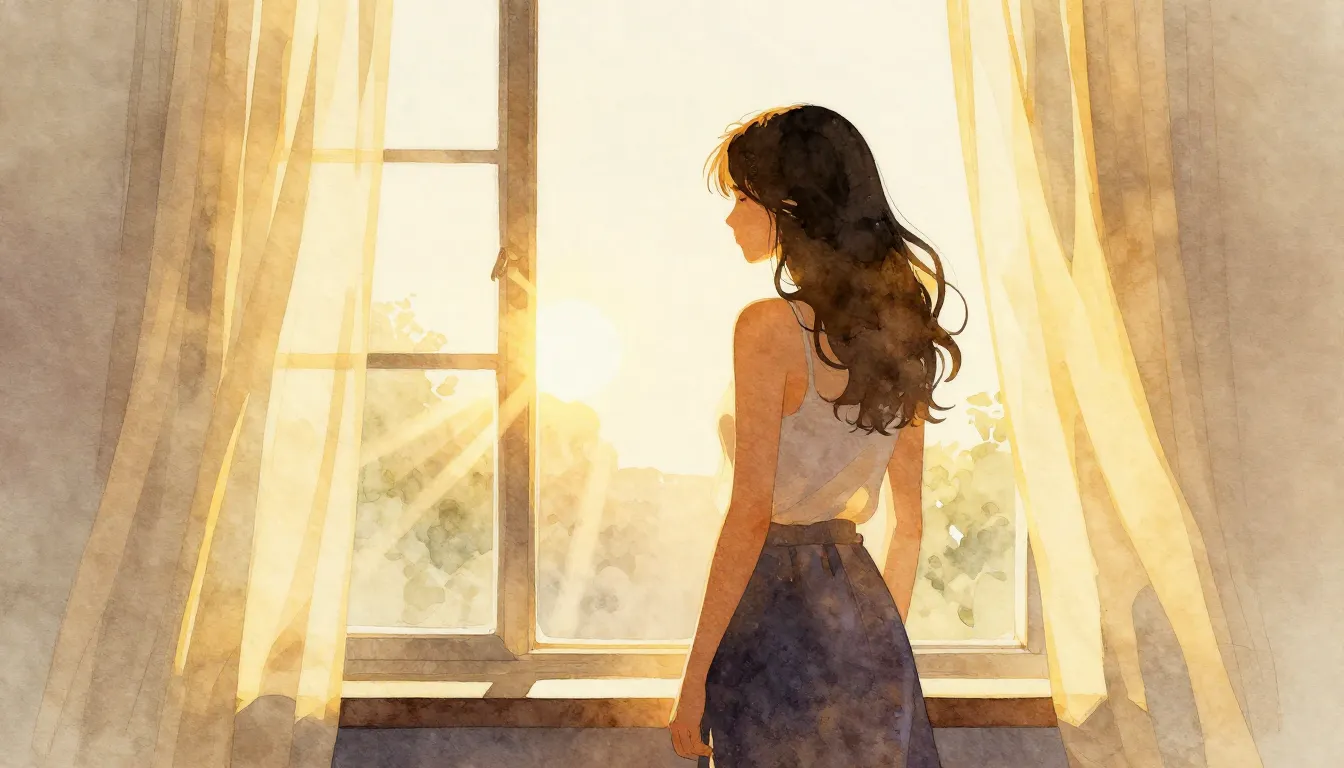 Watercolor style. A silhouette of a woman standing by a larg...