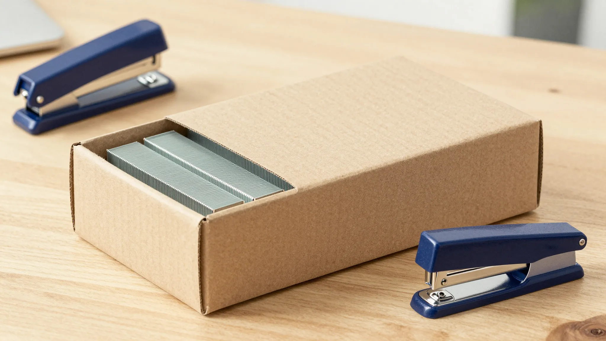 Watercolor style. A neat cardboard box of staples size 10 on...