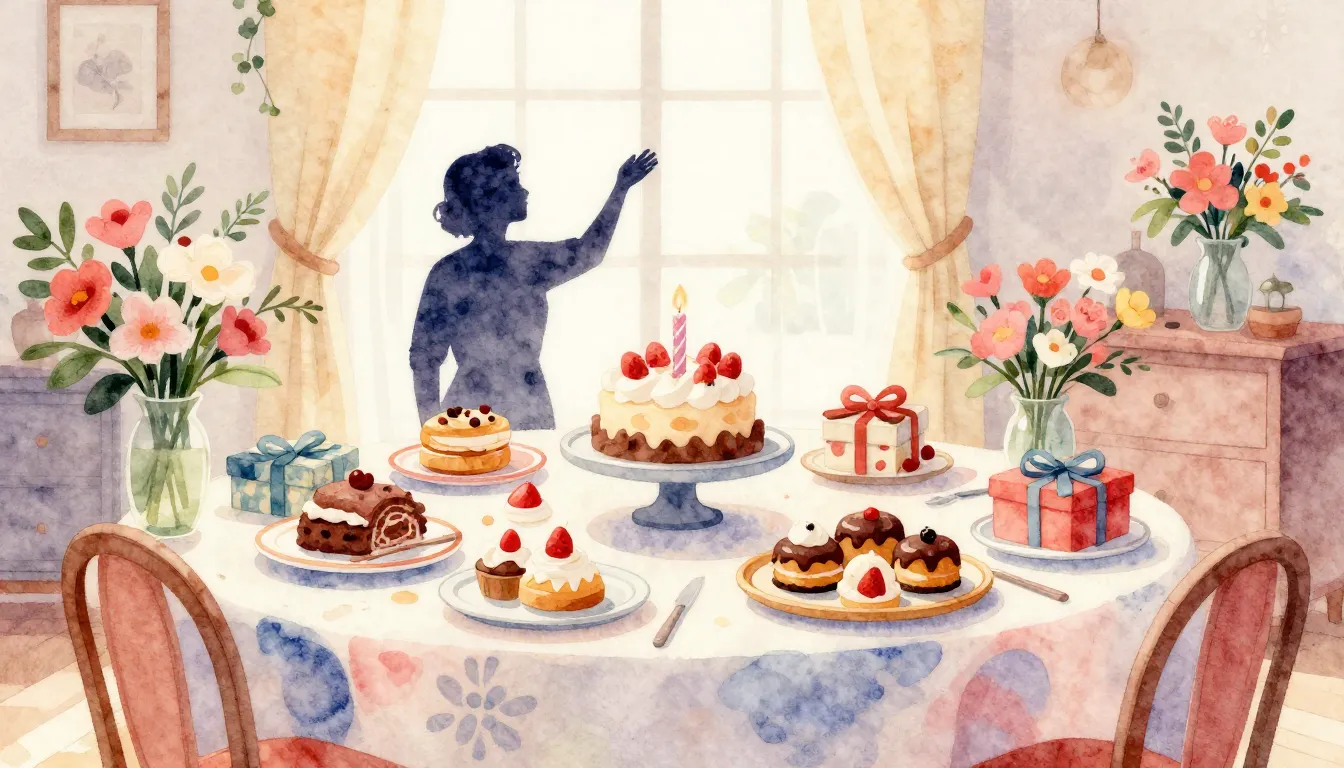 Watercolor style. A cozy decorated room with a table full of...