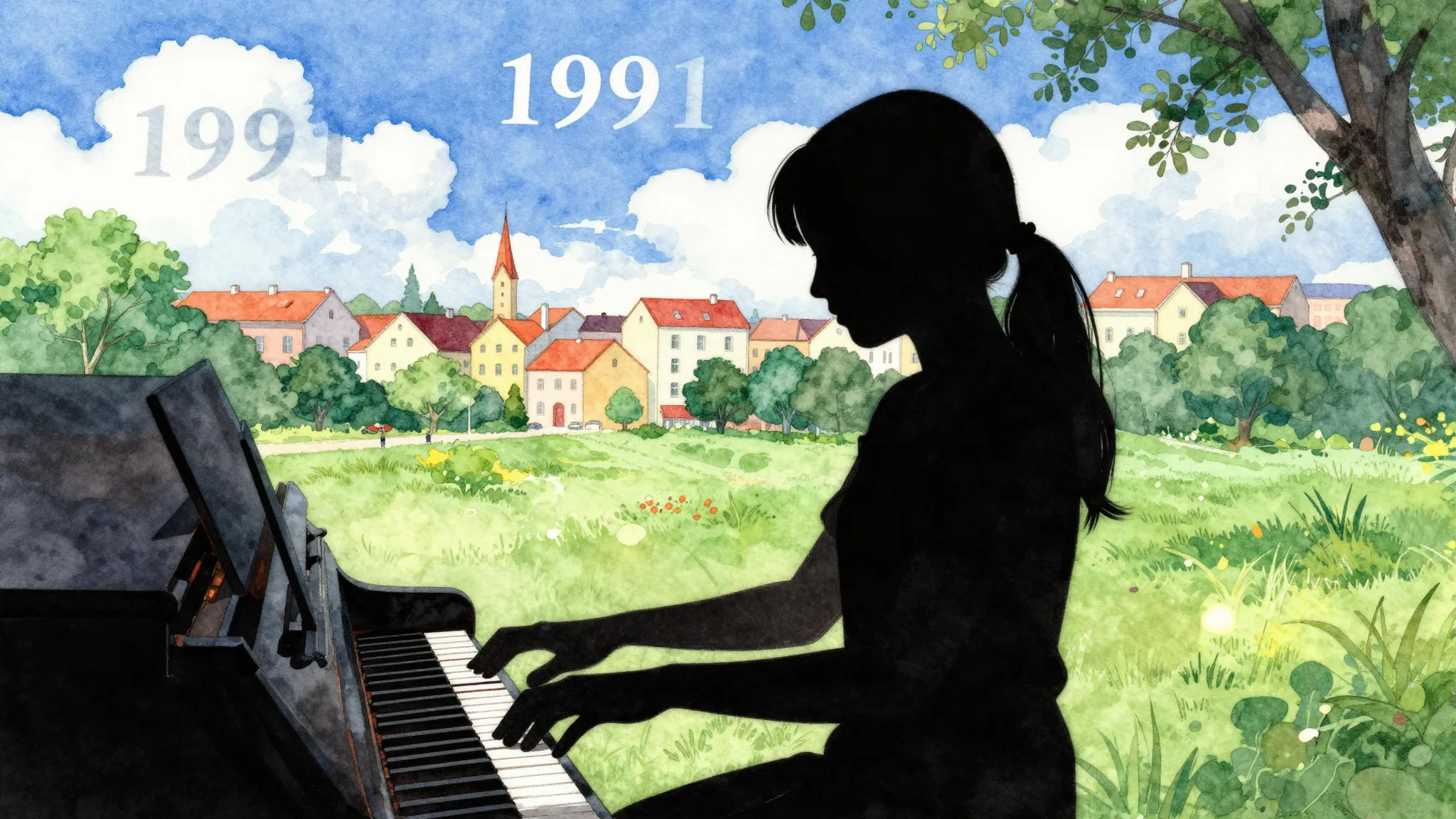 Watercolor style. A silhouette of a girl playing a piano in ...