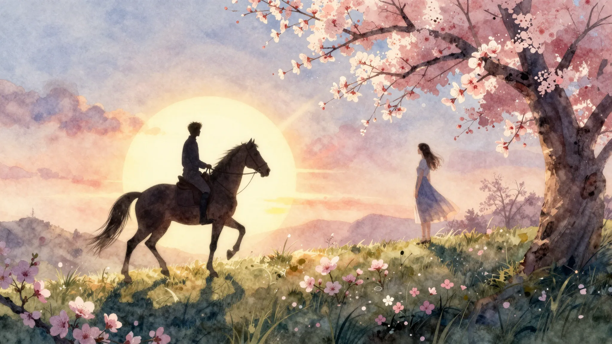 Watercolor style. A silhouette of a man on a horse riding to...