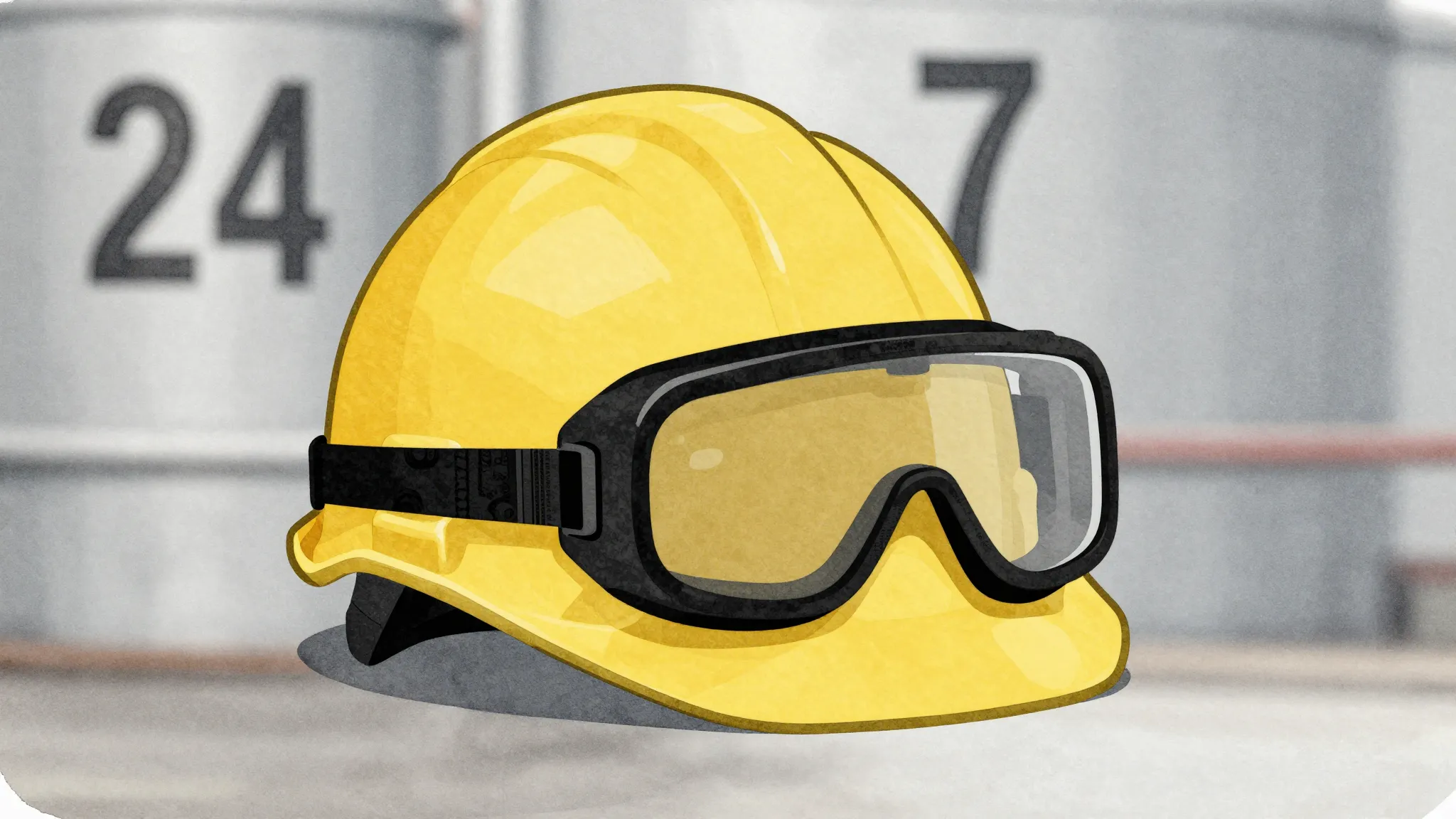 Watercolor style. Silhouette of a safety helmet and goggles,...