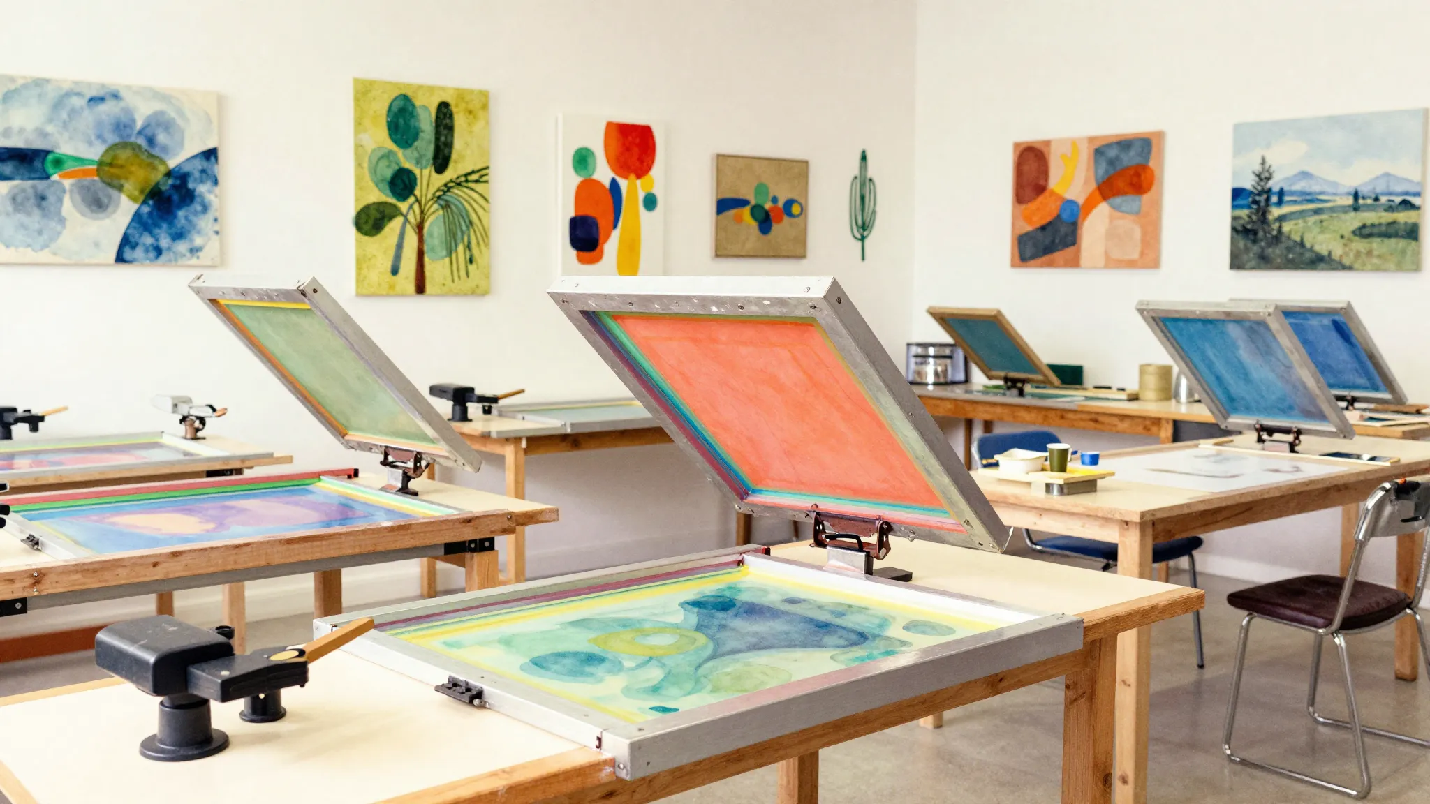 Watercolor style. A bright and welcoming art studio with col...