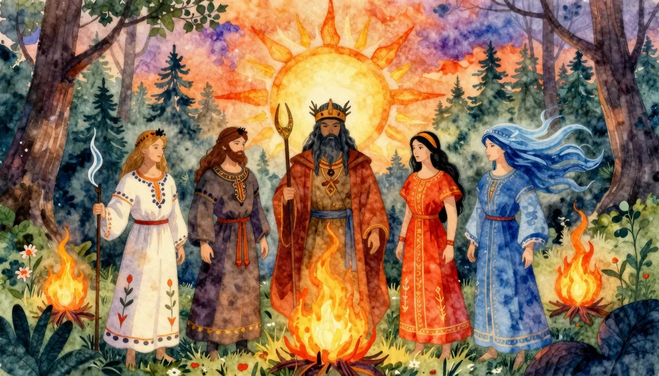 Vibrant watercolor style. Folk song album cover, Slavic myth...