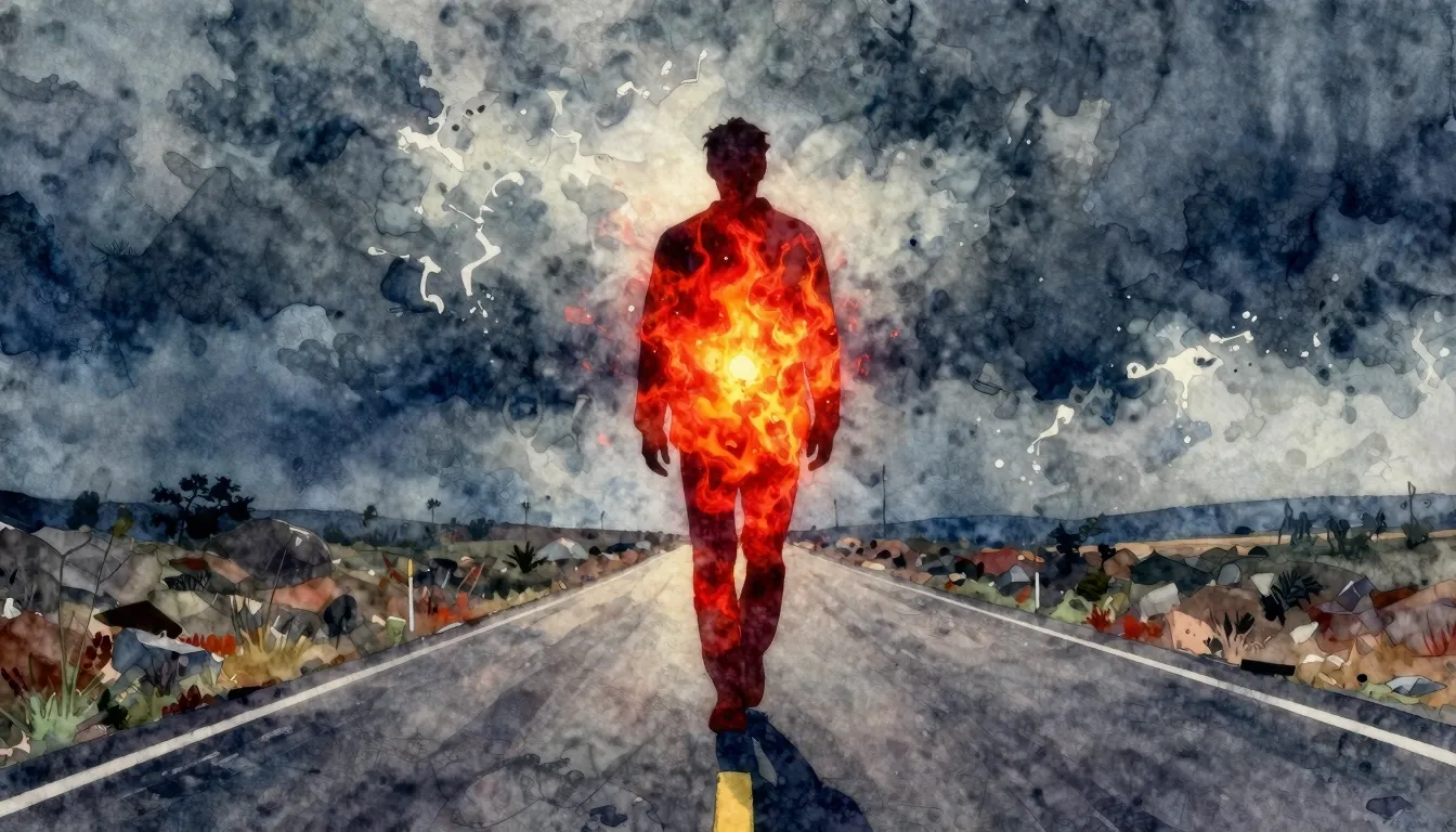 Vibrant watercolor style. Rock album cover. A lone silhouett...