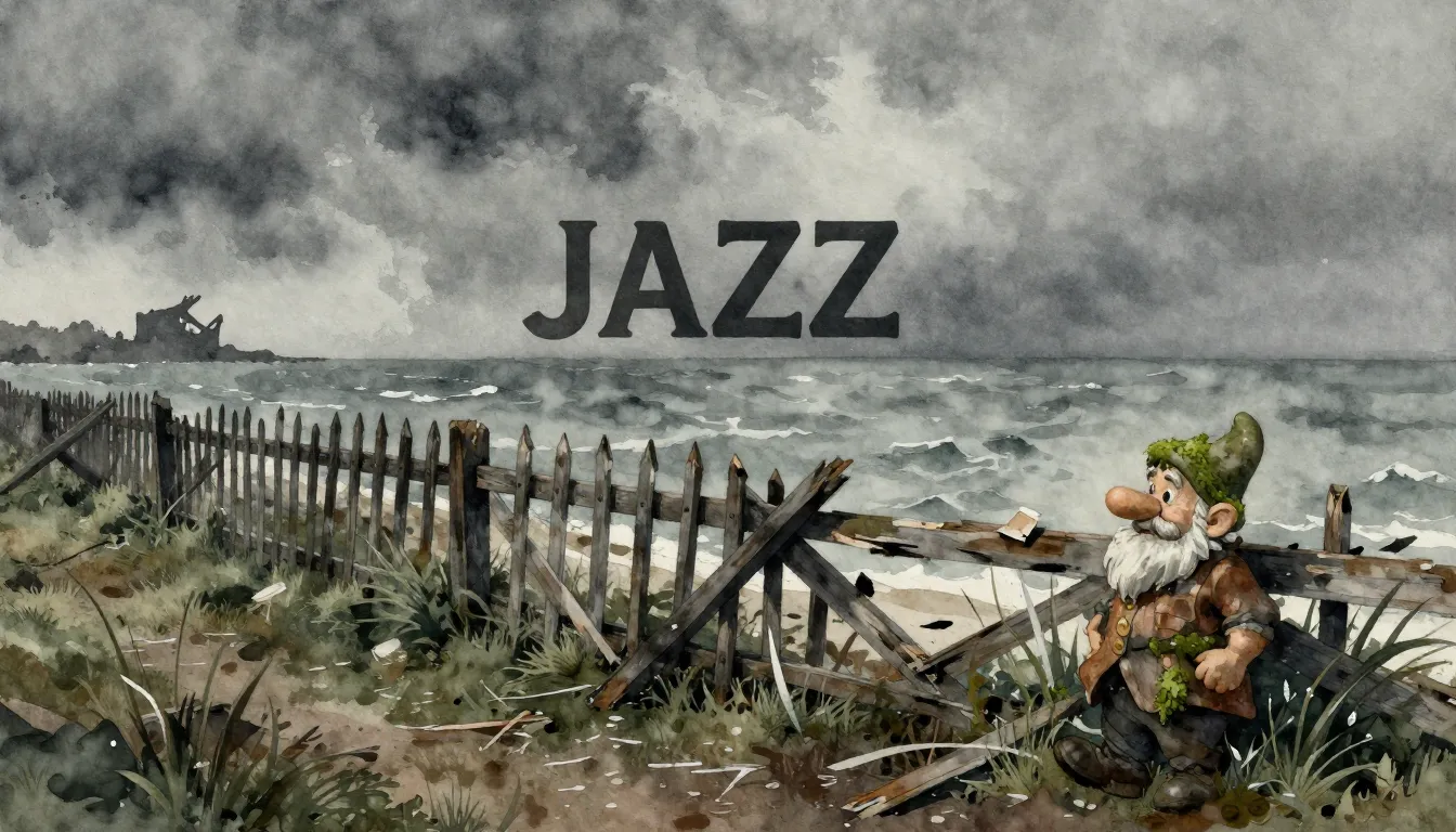 Vibrant watercolor style. Jazz album cover. A dilapidated, o...