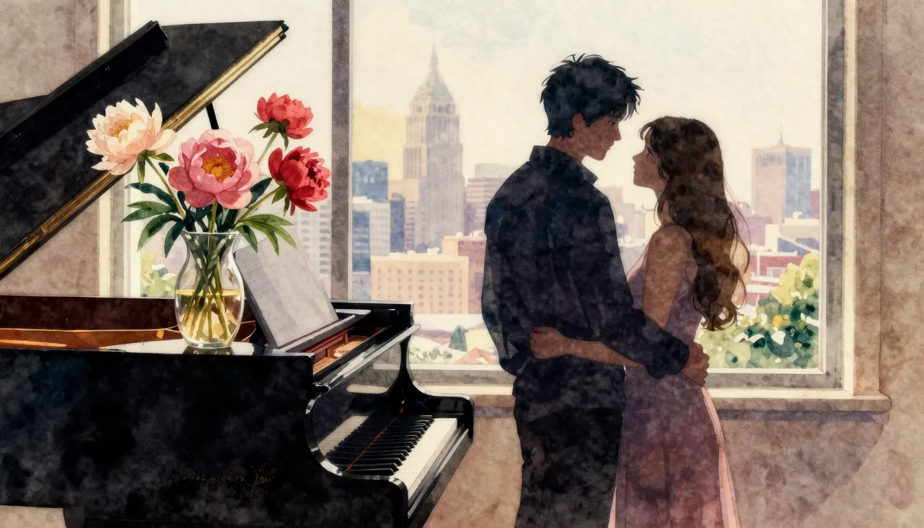 Watercolor style. Silhouette of a couple near a grand piano,...