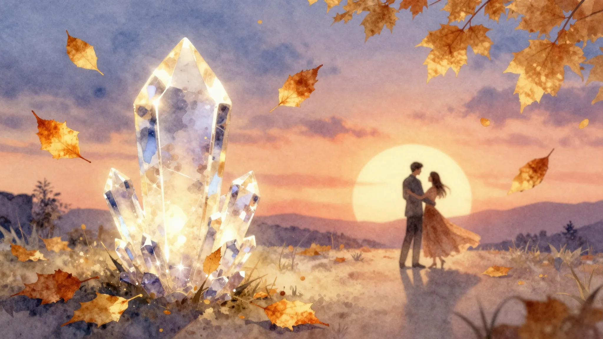 Watercolor style. Golden autumn leaves falling around a glow...