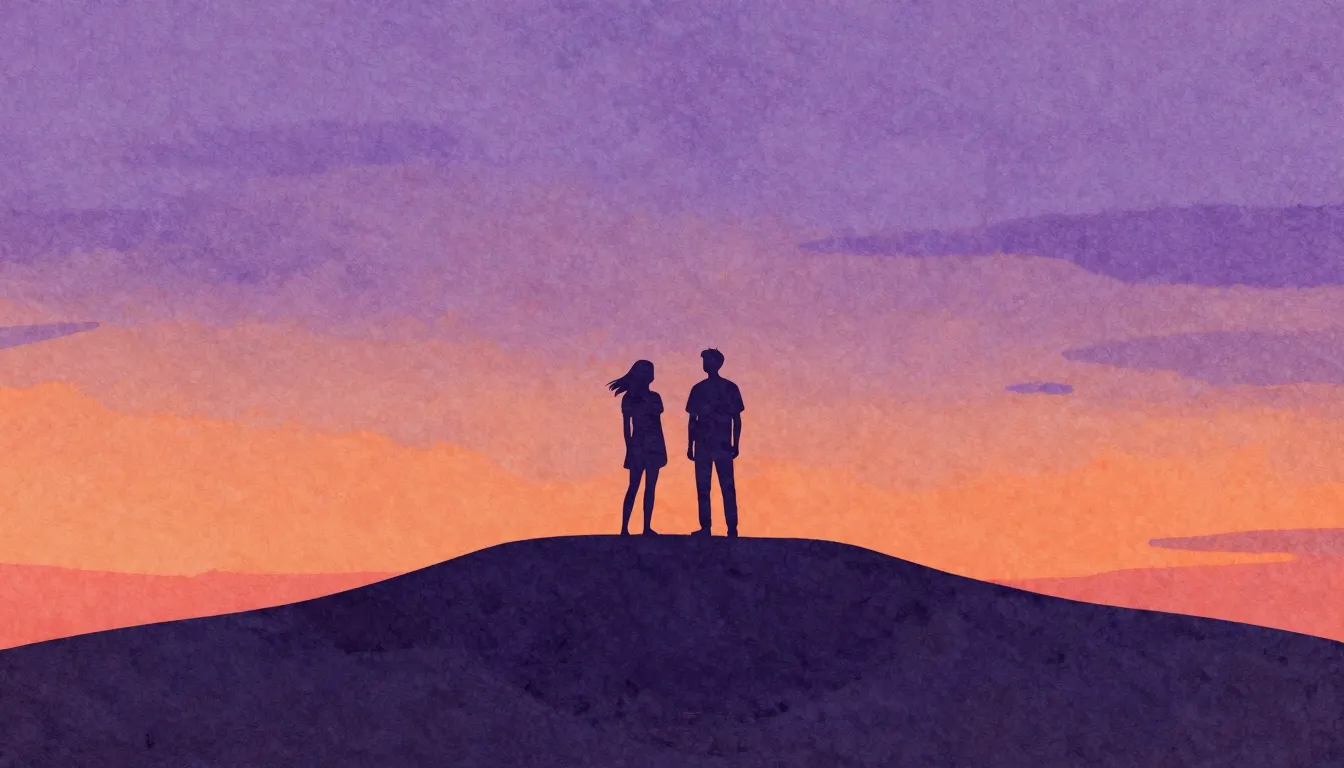 Watercolor style. Silhouettes of two friends standing on a h...