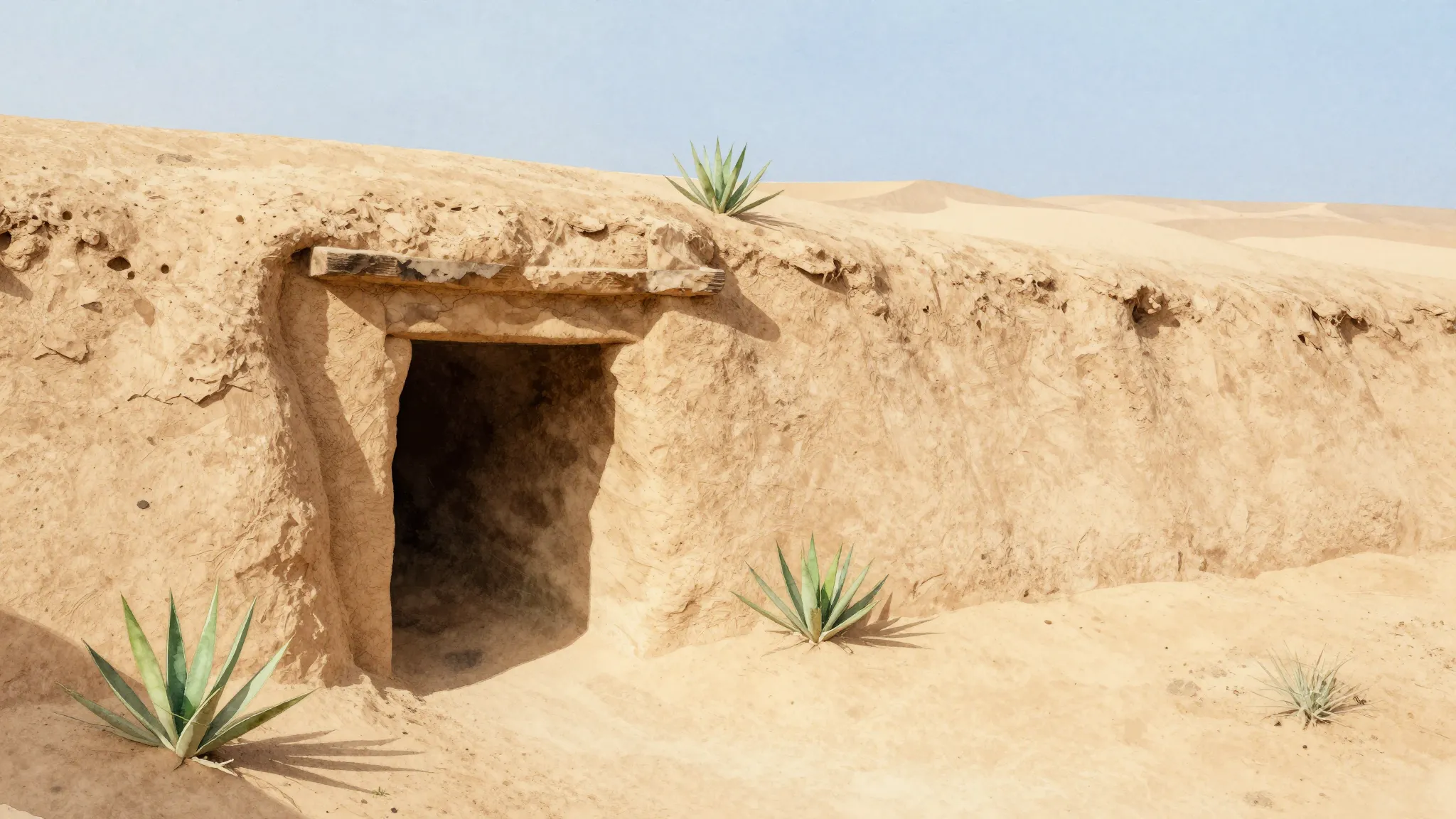 Watercolor style. Silhouette of an ancient mud entrance to a...