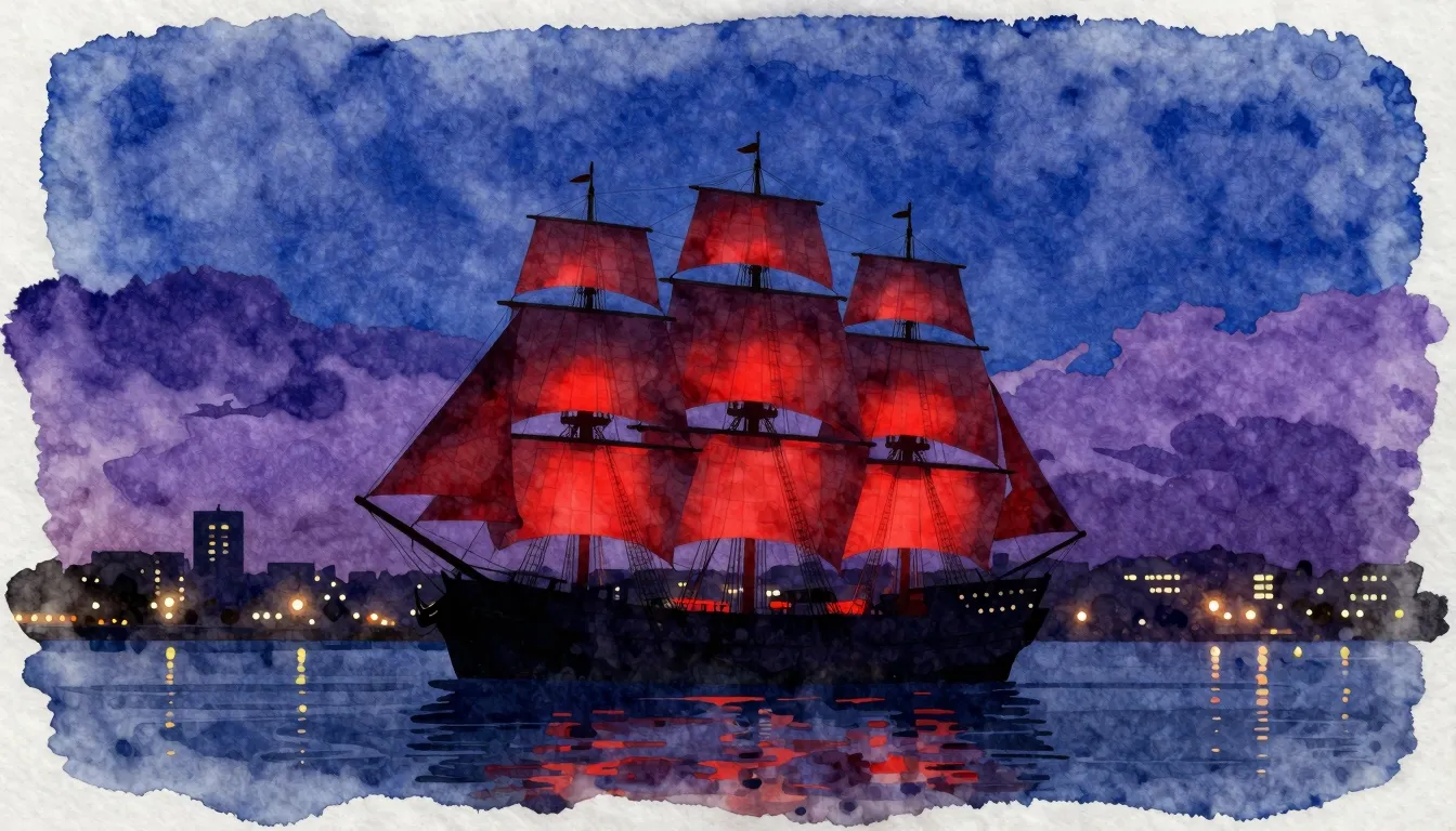 Watercolor style. Silhouette of a majestic ship with glowing...