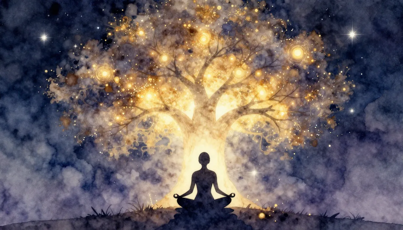 Watercolor style. Silhouette of a person sitting in meditati...