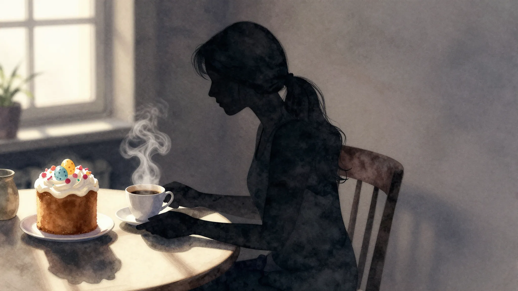 Watercolor style. A silhouette of a woman in a dimly lit roo...