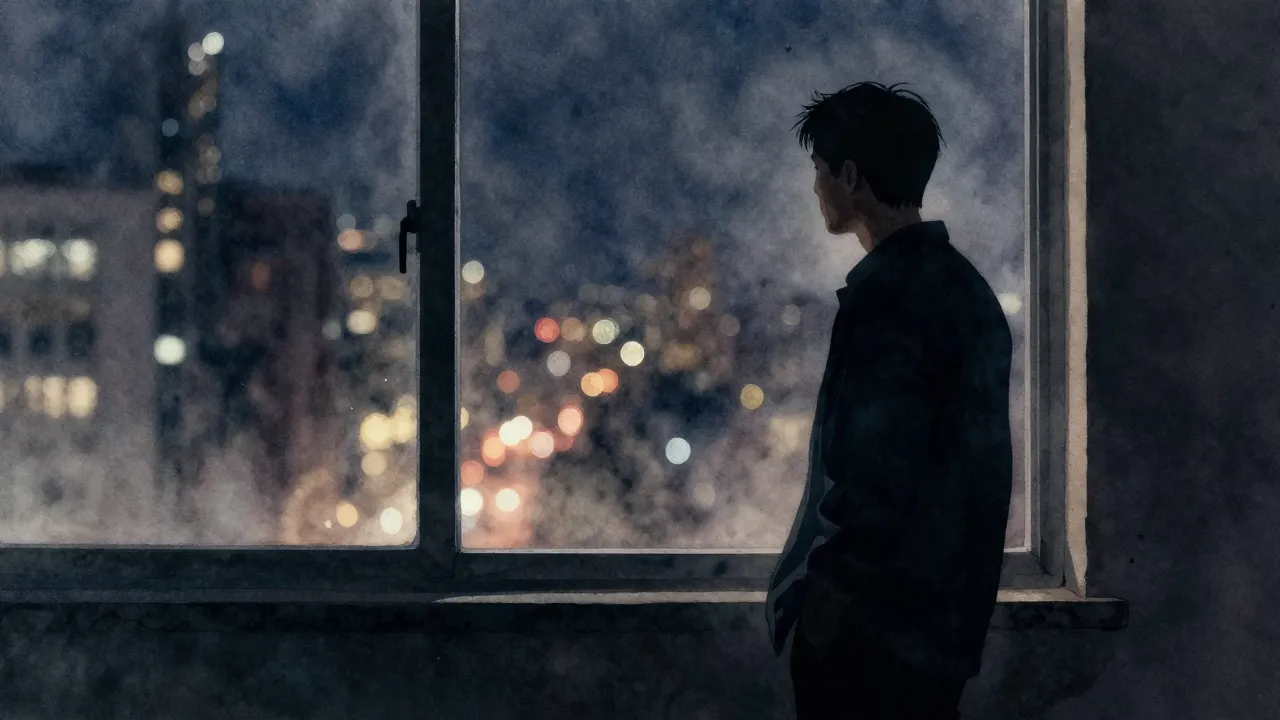 Watercolor style. Silhouette of a lonely man standing by a w...