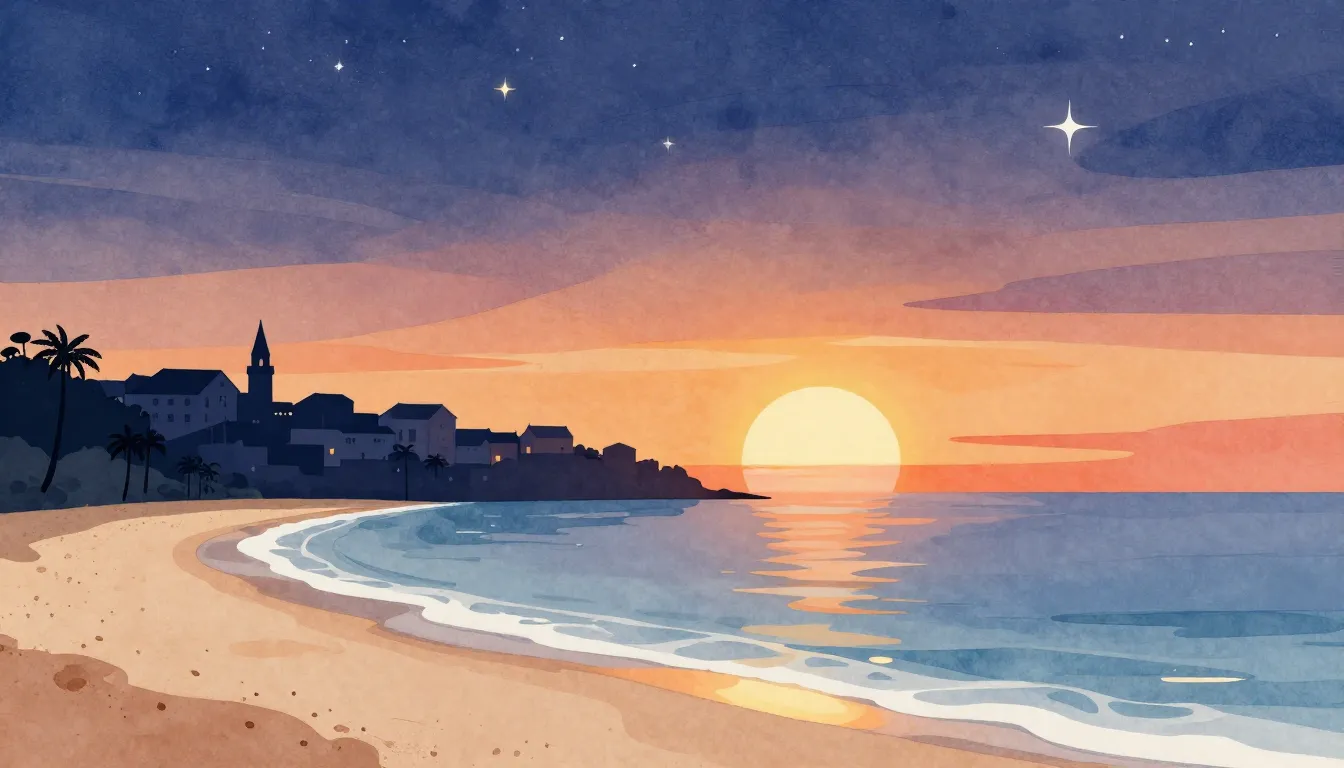 Watercolor style. A beautiful coastal town silhouette at sun...