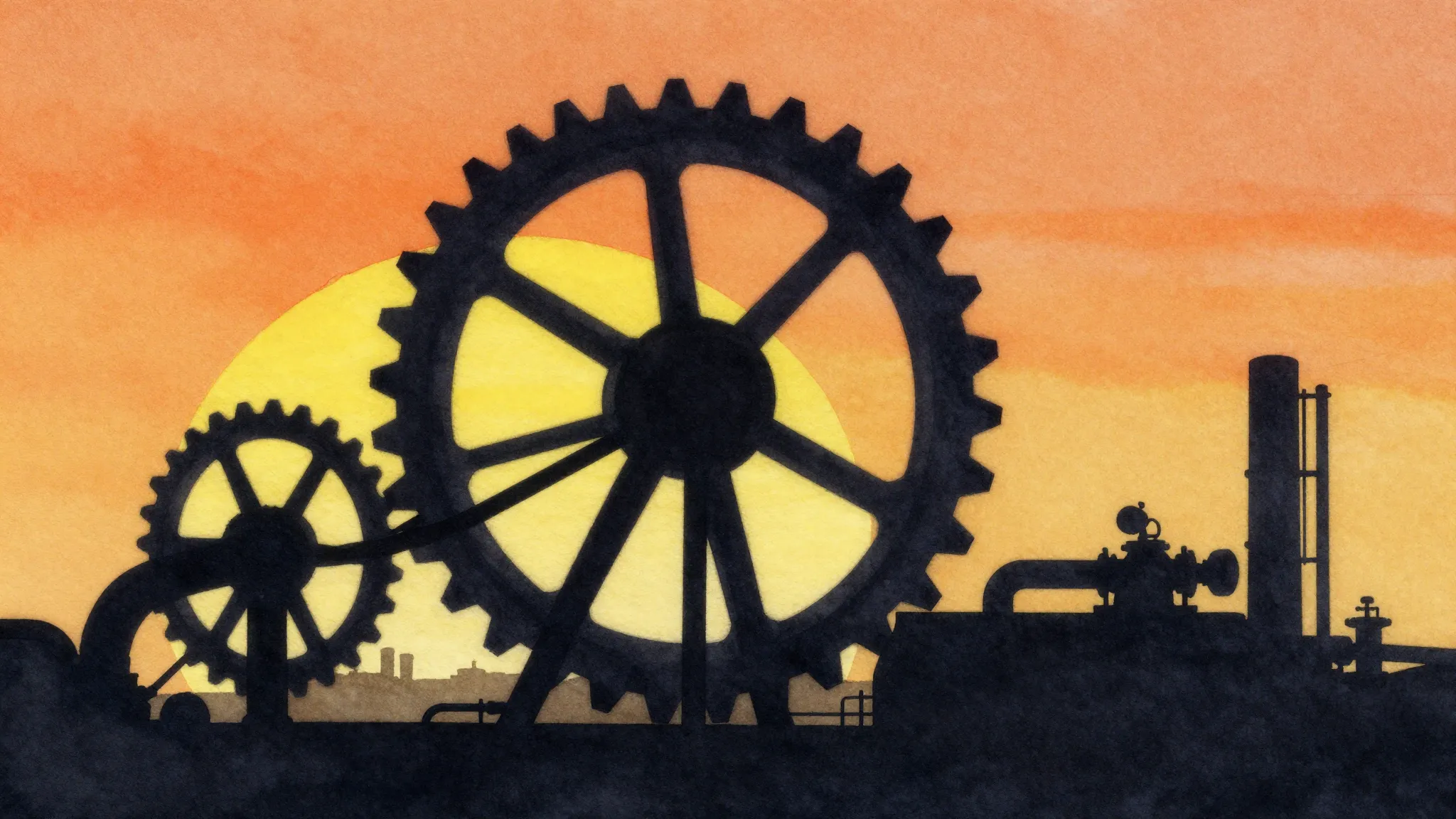 Watercolor style. Silhouette of a large industrial gear and ...