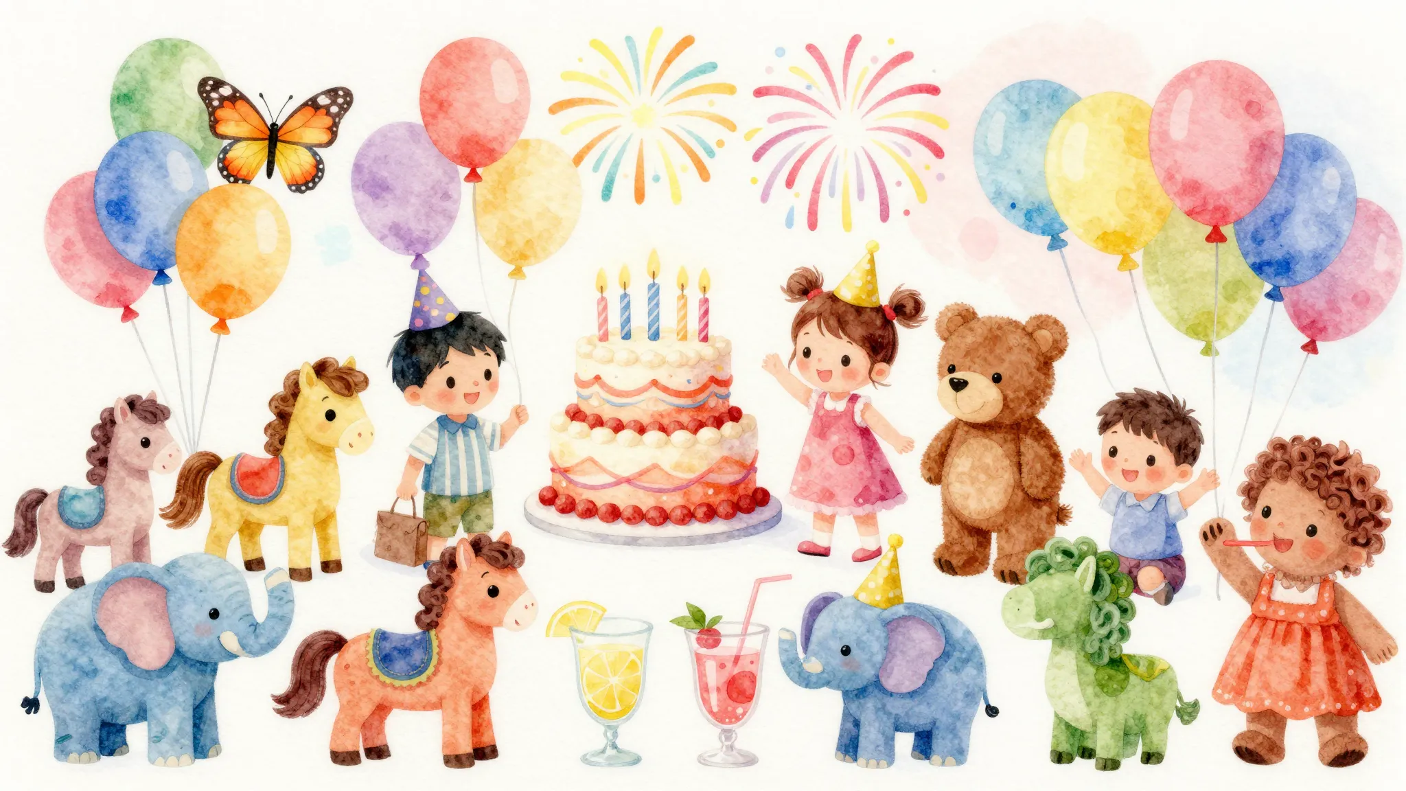 Vibrant watercolor style. Children's birthday party, whimsic...