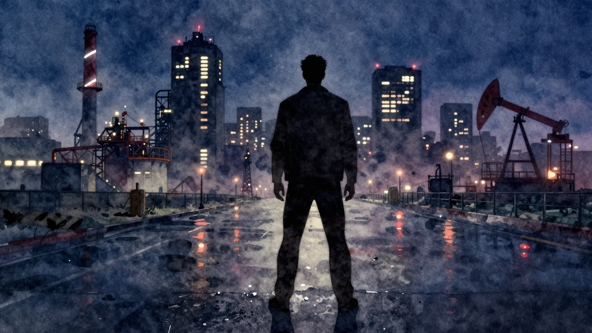 Watercolor style. Dark silhouette of a man standing against ...