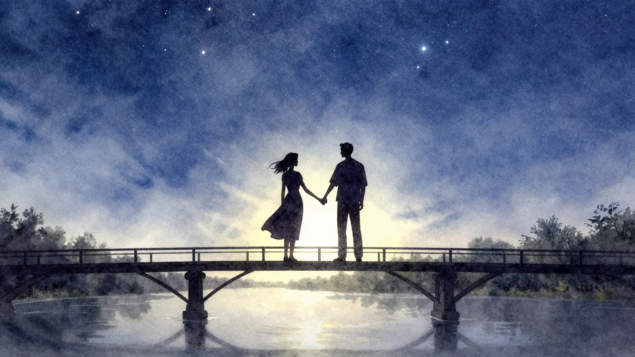 Watercolor style. Silhouette of a couple holding hands under...