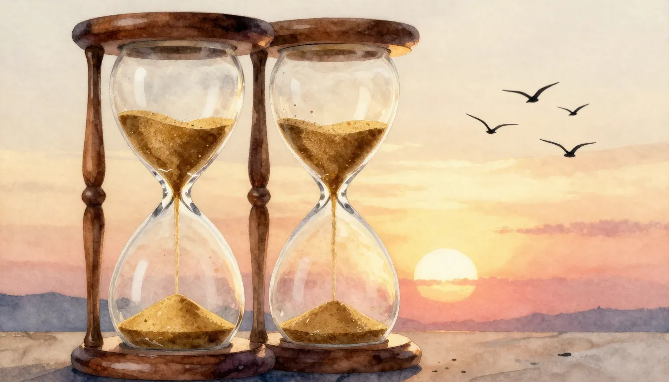 Watercolor style. An hourglass with golden sand flowing quic...