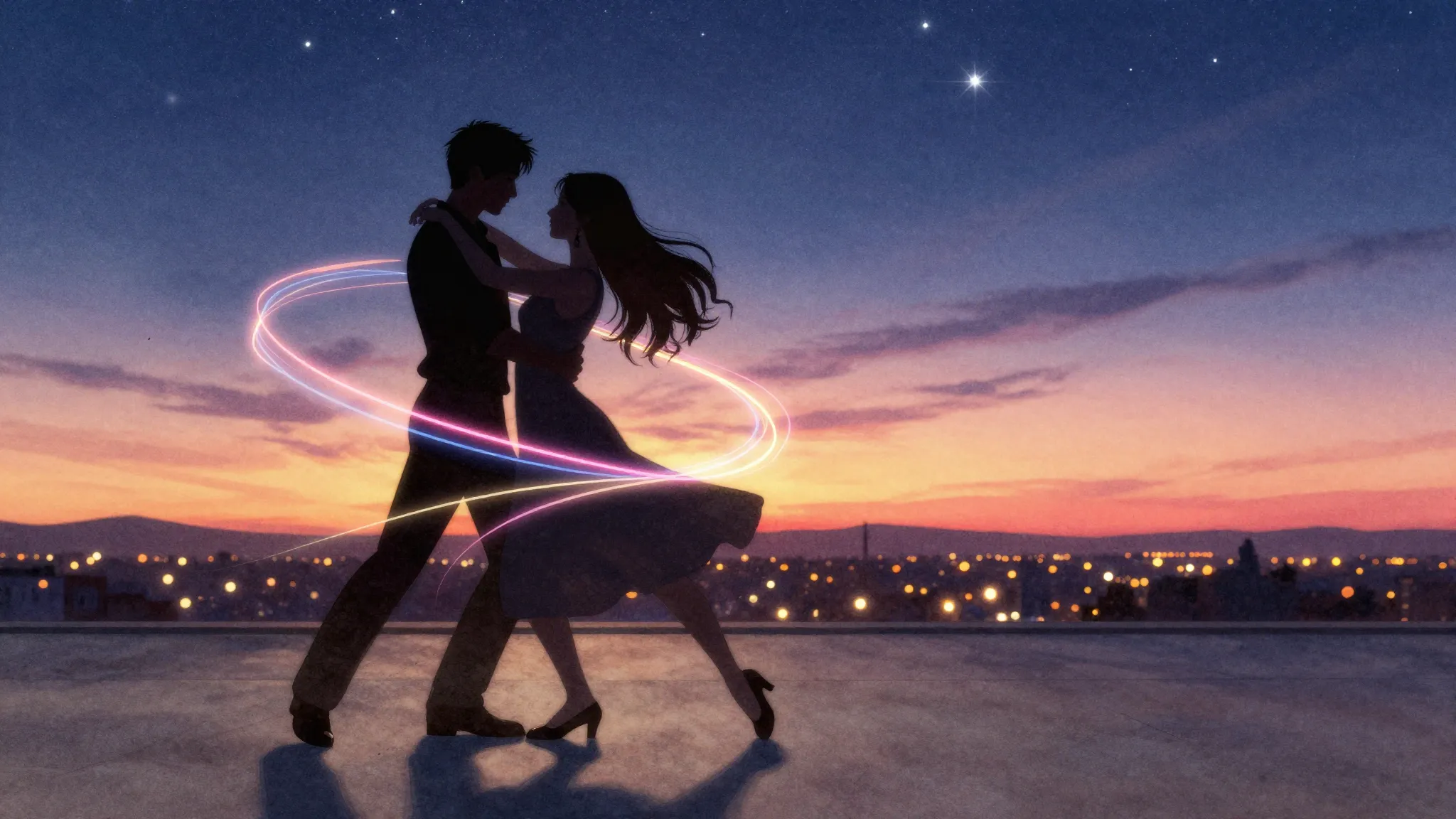 Watercolor style. A silhouette of a couple dancing under a s...