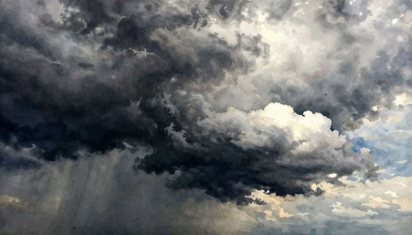 Watercolor style. A massive dark storm cloud colliding with ...