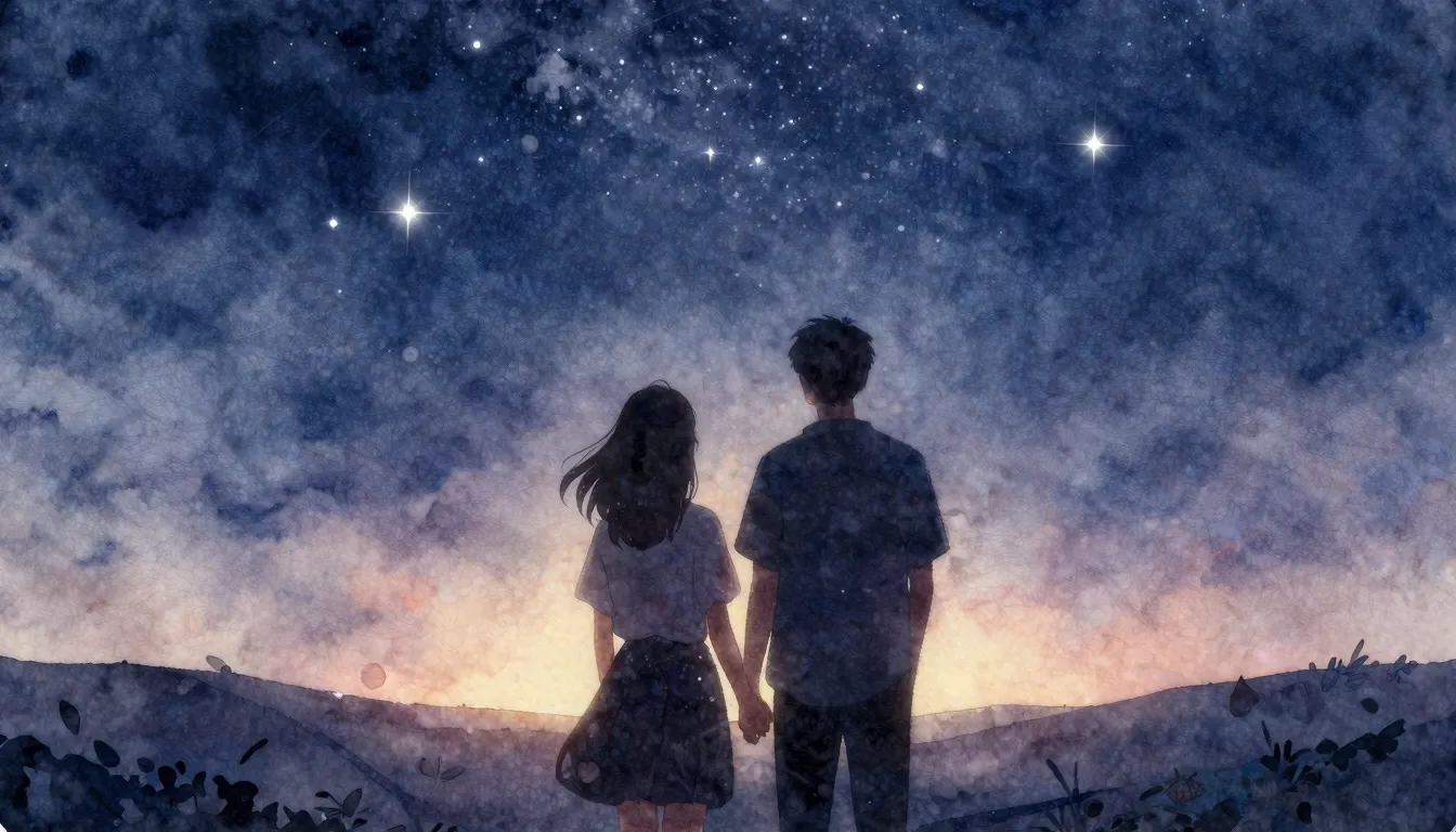 Watercolor style. A silhouette of a young couple standing un...