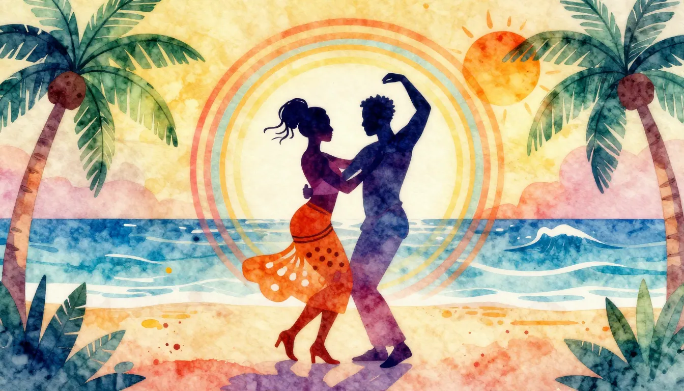 Vibrant watercolor style. Afro-Cuban dance music album cover...