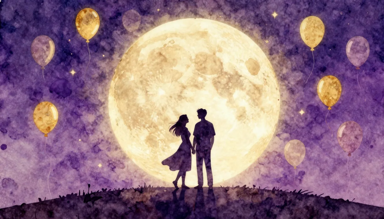 Watercolor style. A silhouette of a couple standing on a hil...