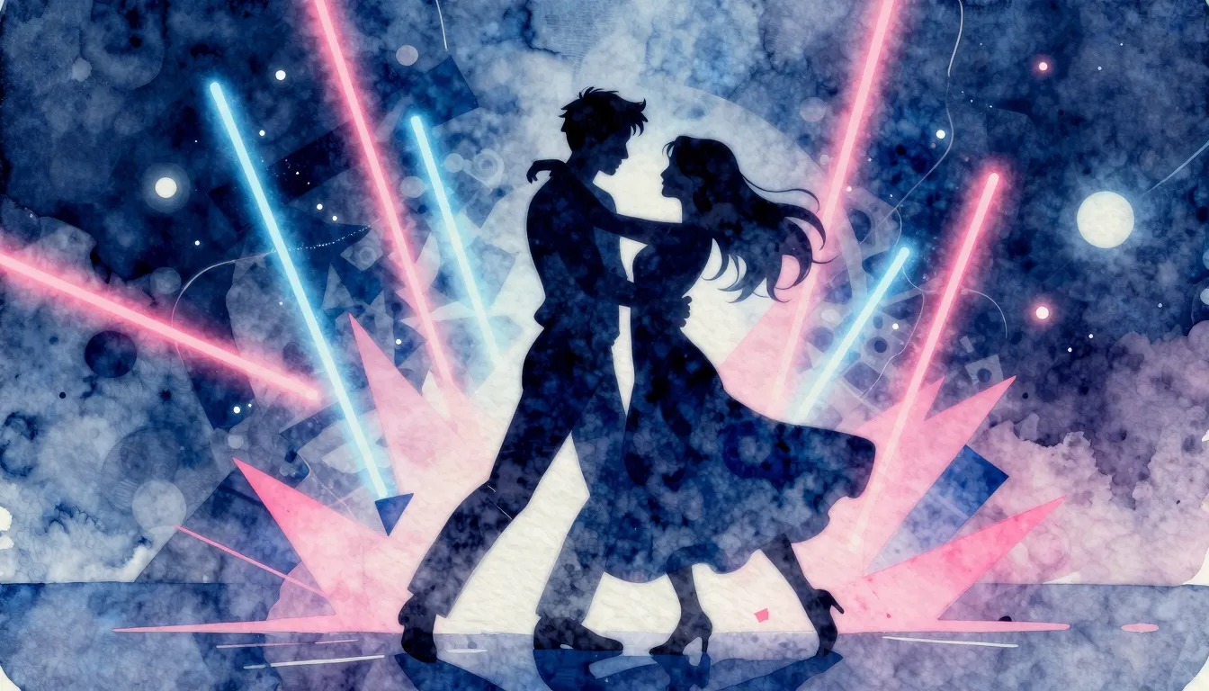 Watercolor style. Silhouette of a dancing couple under vibra...