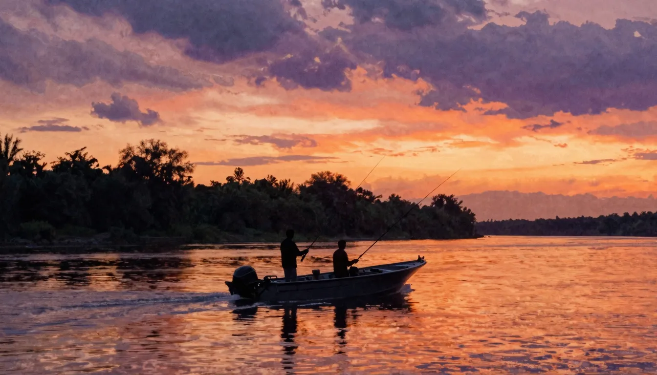 Watercolor style. Silhouette of two men fishing on a motorbo...