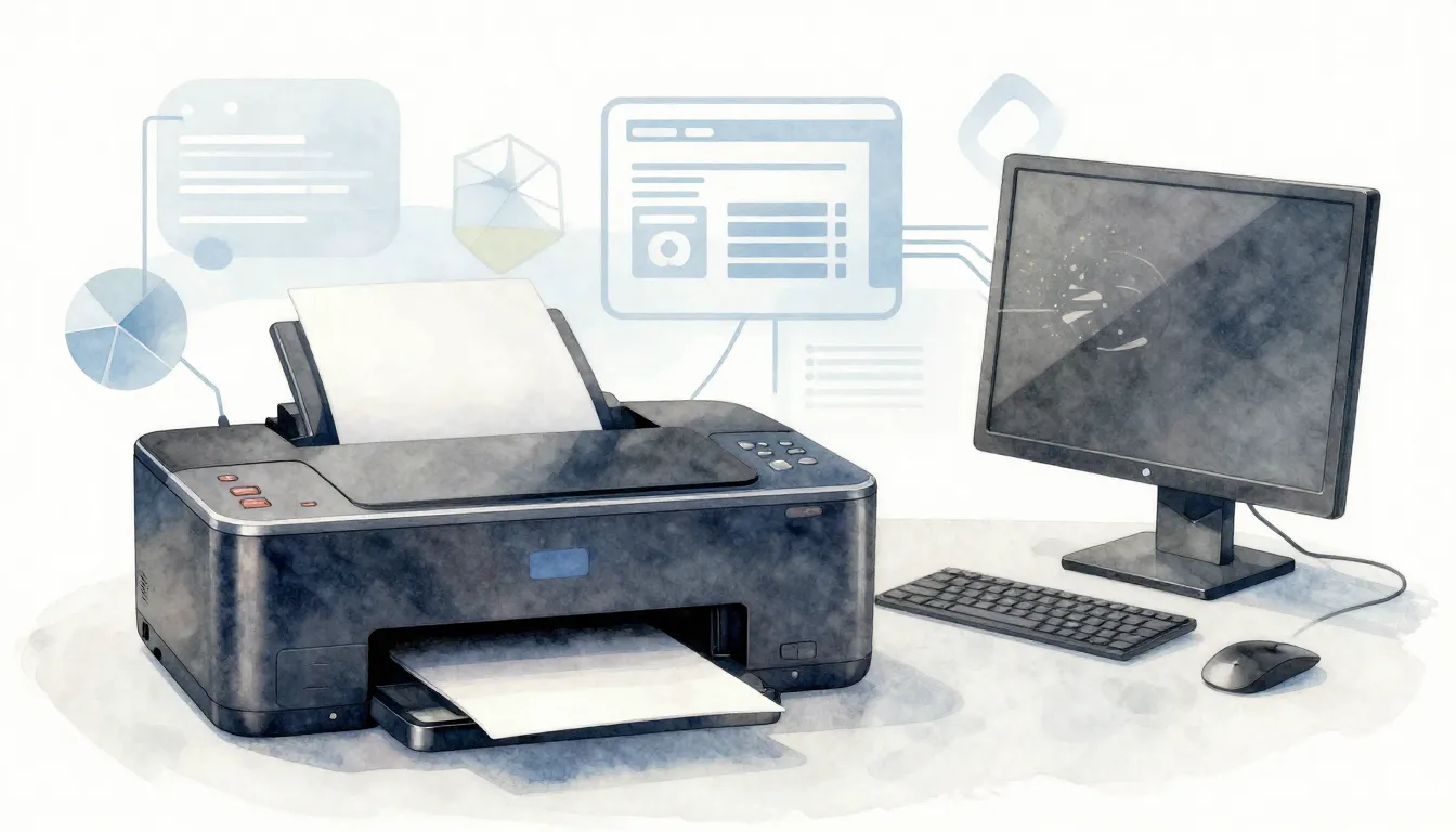 Watercolor style. A futuristic silhouette of a workstation f...