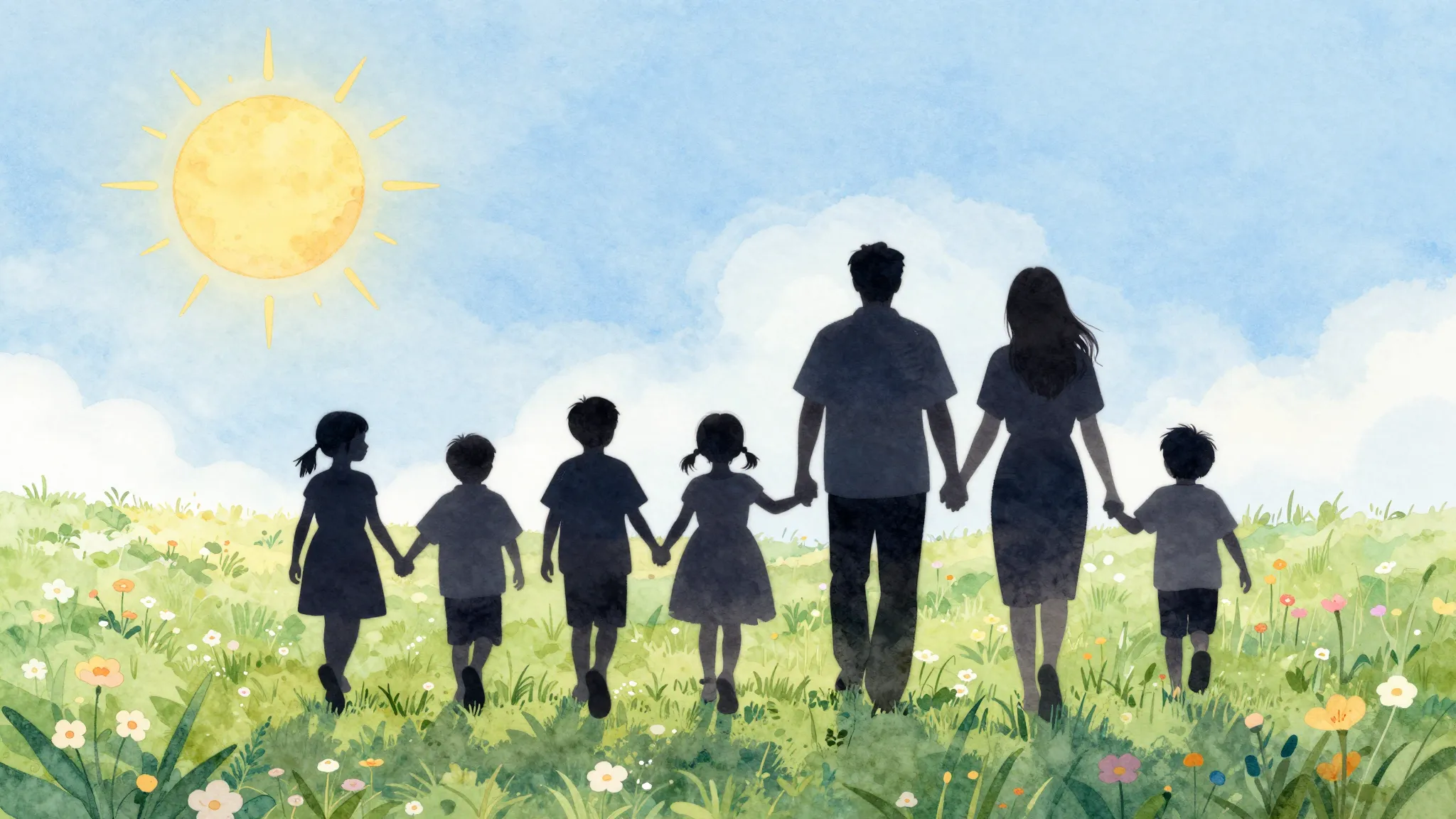 Watercolor style. Silhouettes of children, a teacher, and pa...