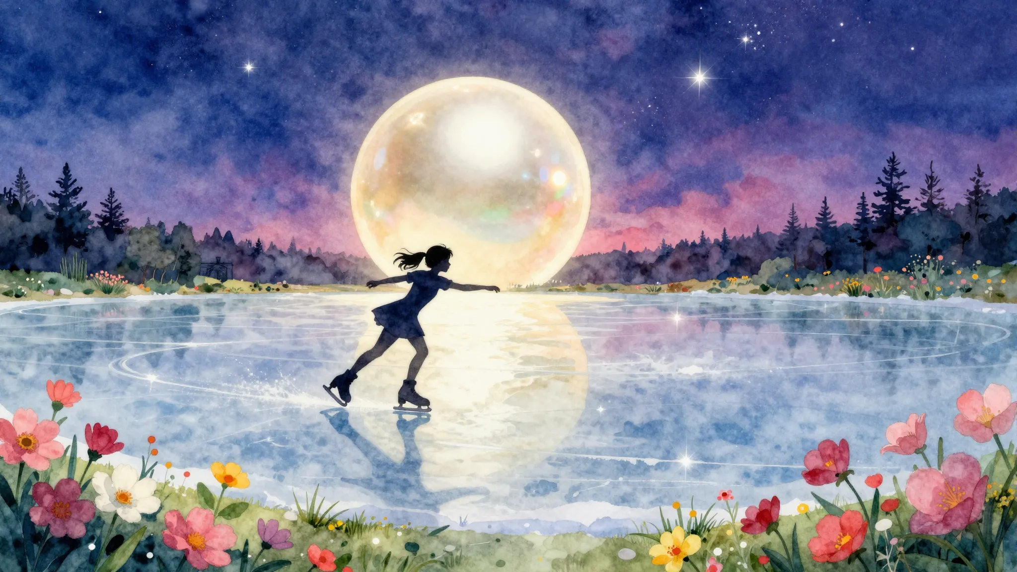 Watercolor style. A silhouette of a young girl ice skating o...