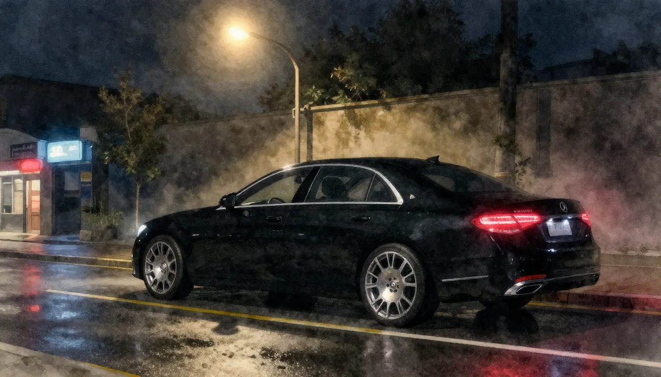 Watercolor style. A sleek black luxury sedan parked on a dar...
