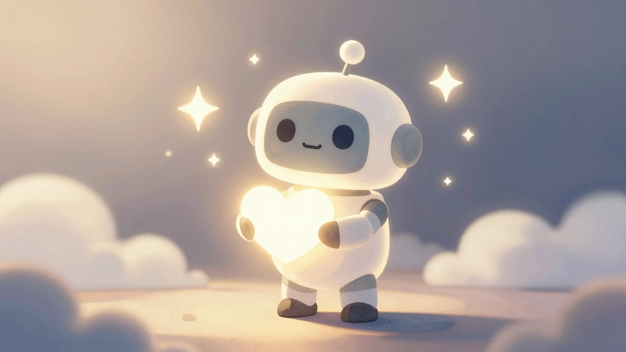 Watercolor style. A cute, friendly robot silhouette holding ...