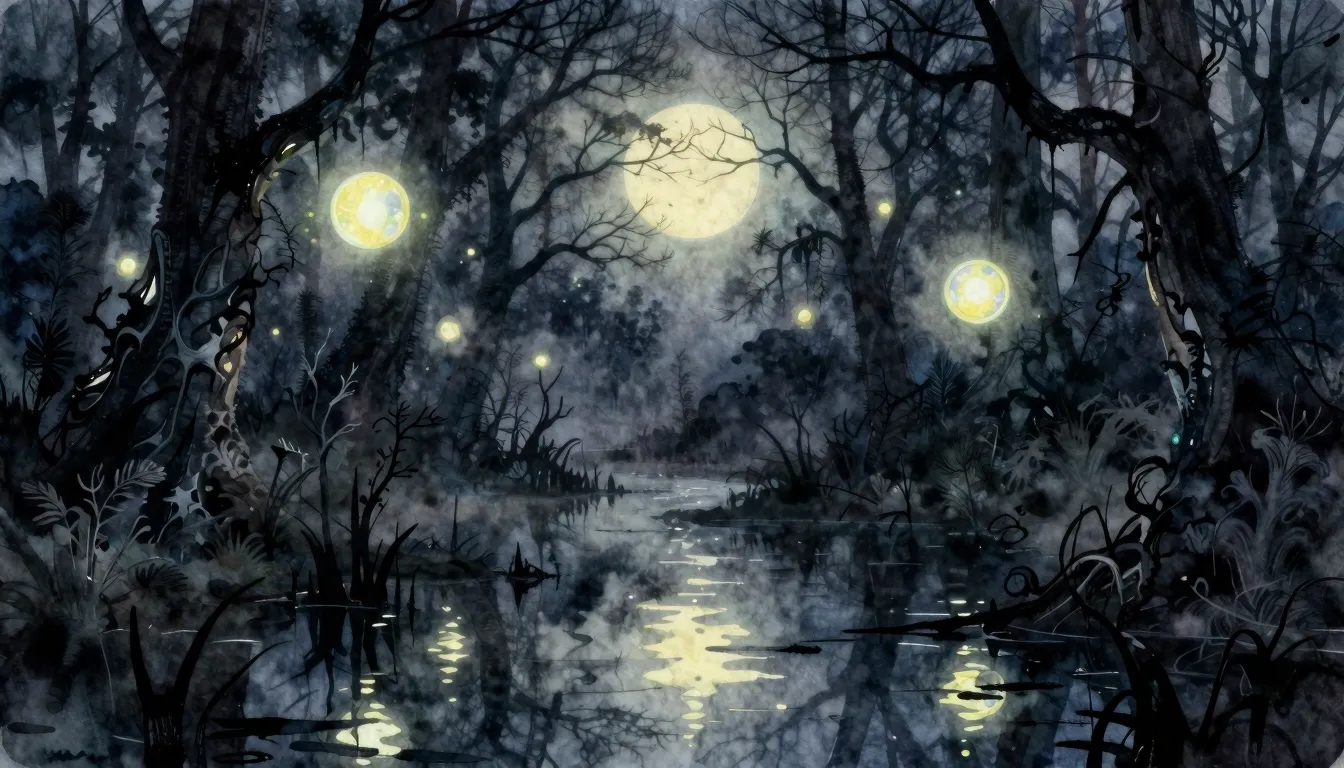 Watercolor style. Glowing neon orbs floating over a dark, mi...
