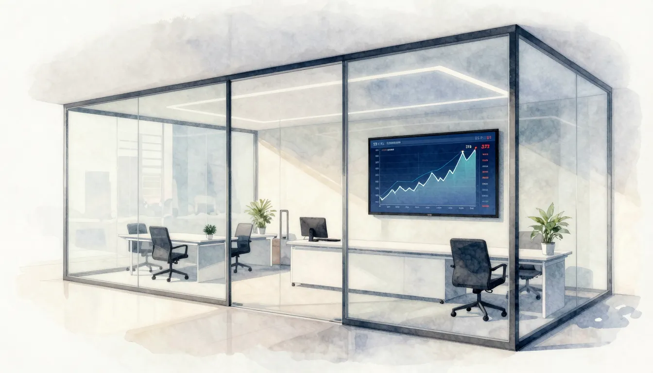 Watercolor style. Modern office interior with glass walls, a...