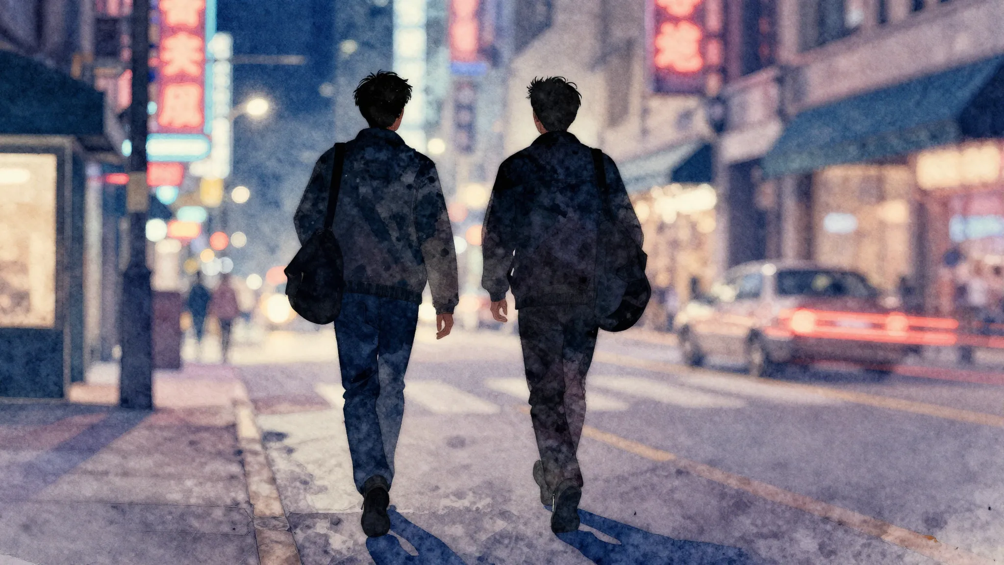 Watercolor style. Silhouette of two brothers walking togethe...