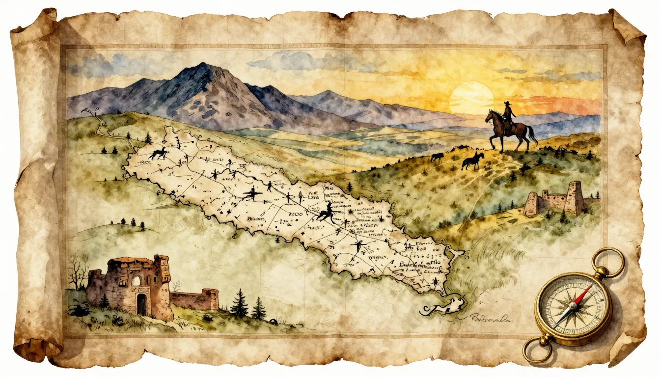 Watercolor style. Ancient map on parchment, faded ink, vast ...