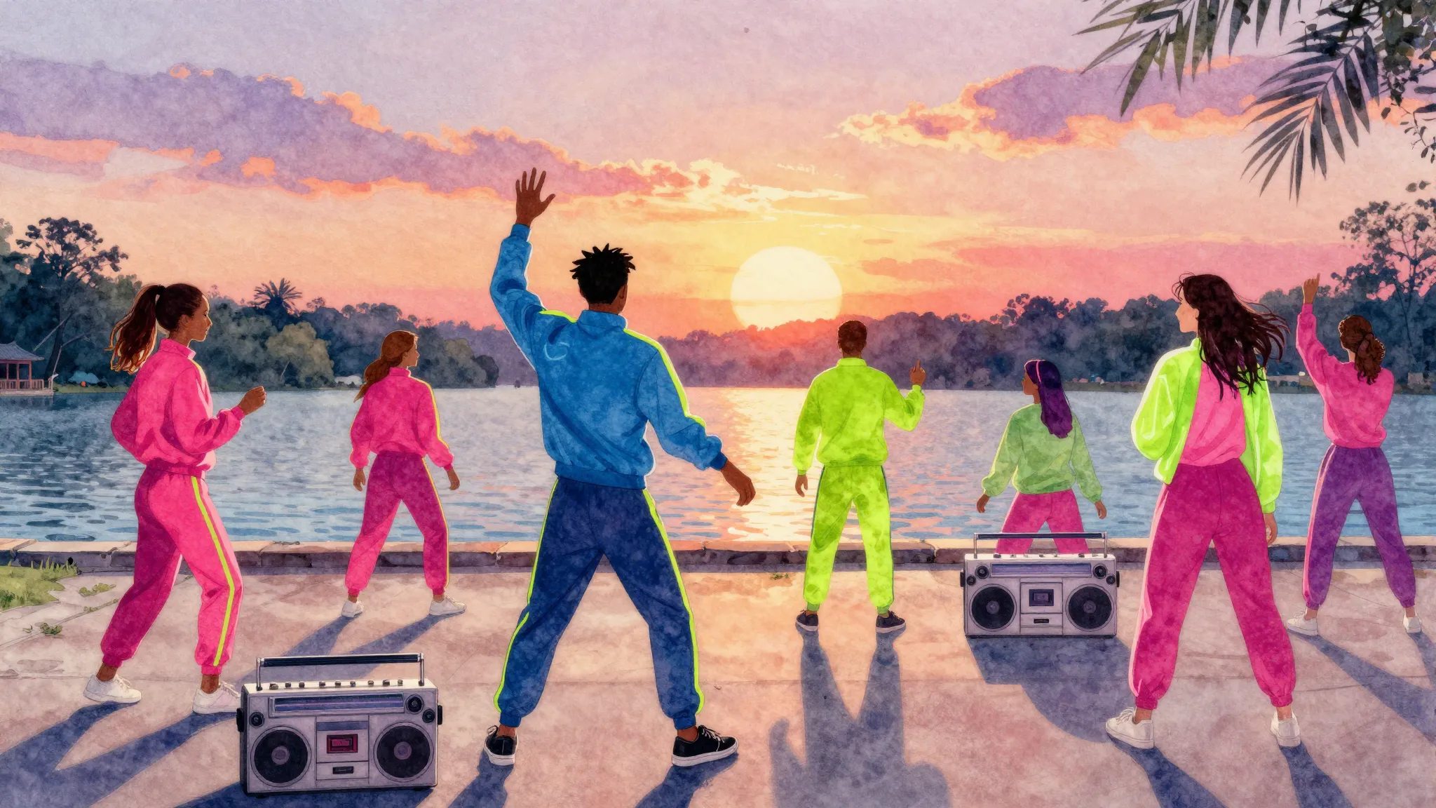 Watercolor style. Vibrant 90s fitness party at a lake, silho...